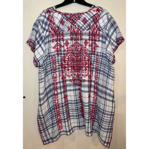 Johnny Was Workshop Misha Drape Plaid Embroidered Tunic Top Blue Red XL - Picture 9 of 9